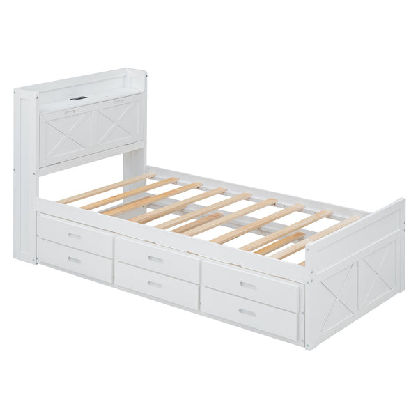 English Elm Twin Storage Bed with Headboard Outlets, Extendable Trundle & 3 Drawers, Durable MDF/Plywood Design White 80.5 L x 17.75 W x 5.25 H N733S172839K