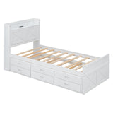 English Elm Twin Size Wooden Bed With Storage Headboard With Outlets, Extendable Bed With Twin Size Trundle With Three Storage Drawers,White