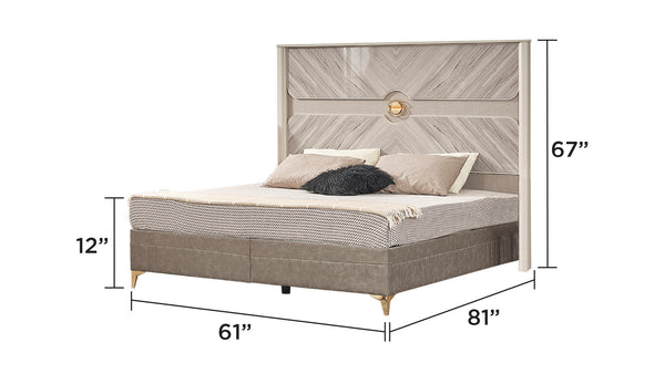 English Elm Eternity Queen Size Bed With Gold Accents, Eucalyptus Veneer, Hydraulic Lift Storage & Elegance B009S01868