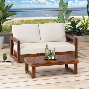 English Elm Christopher Knight Home® - WESTCHESTER Acacia Wood Loveseat and Coffee Table Set with Floor-Chair Design and Water-Resistant Cushions Beige,Mocha 55.75 L x 32.75 W x 18.6 H N776P301043M