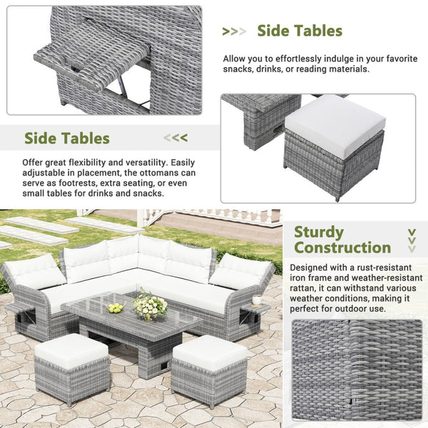 English Elm Outdoor Rattan Furniture Set With Adjustable Recliners, Versatile Tables, And Ottomans For Patios N719Z000120A-GIGA