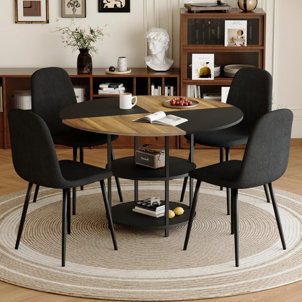 English Elm Table and Chair Set 47 Inch Round Mdf Spliced Top with Dual Tier Storage 4 Seats Black,Wood W1151S03334