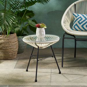 English Elm Christopher Knight Home® - NUSA Side Table with Tempered Glass Top and Handcrafted Rattan Base — Modern Outdoor Accent Table White 66627.00WHI