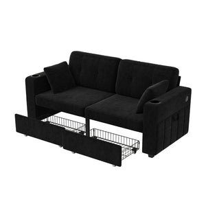 English Elm Sofas for Living Room Chenille Three Seat Couch with Usb Charging Storage and Cup Holder Black W395S00144