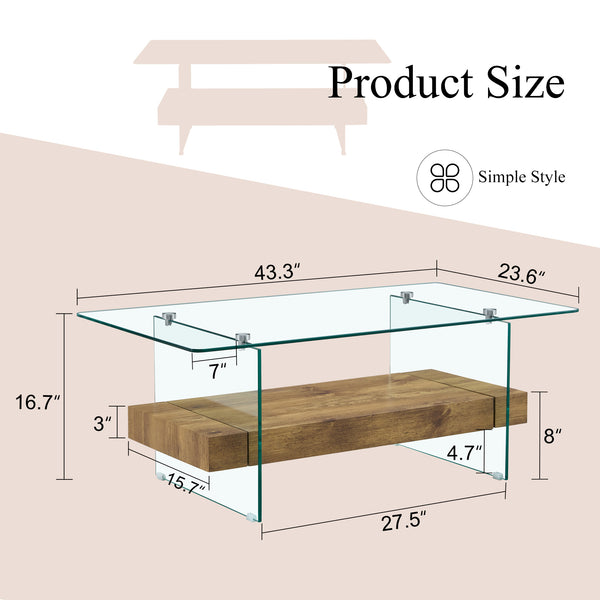 English Elm 40.3-inch Retro Double-Layer Coffee Table with Tempered Glass Shelves, Wood-Grain Finish, 250lb Capacity W1512P317685