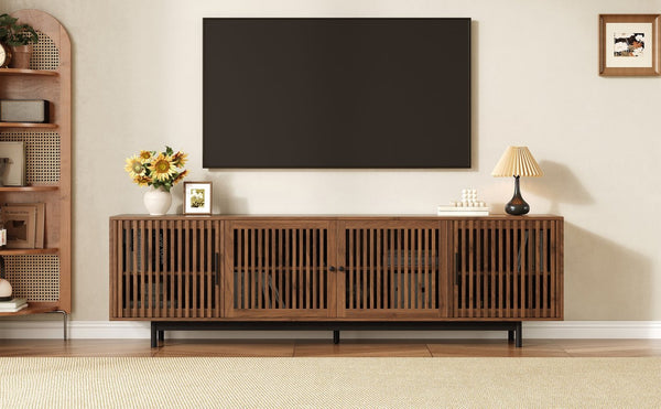 English Elm 78 Inch Walnut Media Console with Slatted Doors Solid Wood Legs and Cable Management N710P374706P