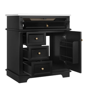 English Elm 30" Freestanding Bathroom Vanity Acacia Wood Matte Black Finish Gold Knobs Ceramic Sink N759P227429B