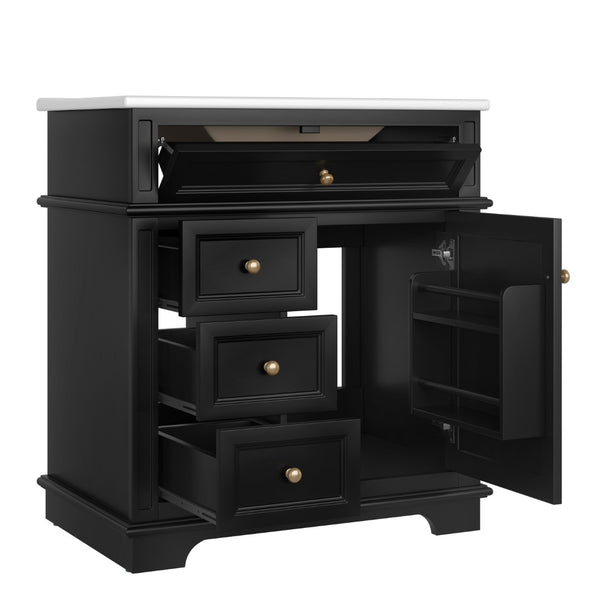 English Elm 30" Freestanding Bathroom Vanity Acacia Wood Matte Black Finish Gold Knobs Ceramic Sink N759P227429B