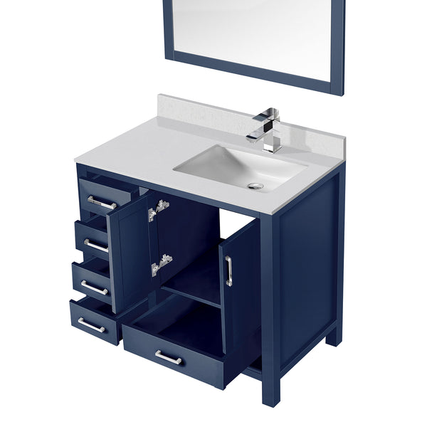 English Elm Navy Blue Bath Vanity Ensemble With 36" Quartz Top, Chrome Faucet, & 34" Mirror For Stylish Bathrooms B2731S01271