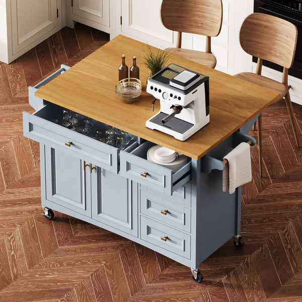 English Elm K&K 52" Kitchen Island with Embossed Farmhouse Texture, Drop Leaf, Spice & Towel Racks, Wheels Blue+Grey N707P195393G