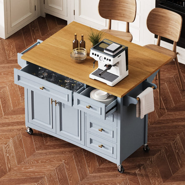 English Elm K&k Farmhouse Rolling Kitchen Island Oak Veneer Top with Drop Leaf and Storage Drawers Blue+Grey N707S195393G
