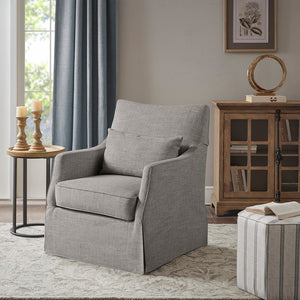 JLA Home Martha Stewart - London Skirted Swivel Armchair with Lumbar Pillow — Farmhouse Linen Look, 360° Smooth Rotation Grey MT103-1196