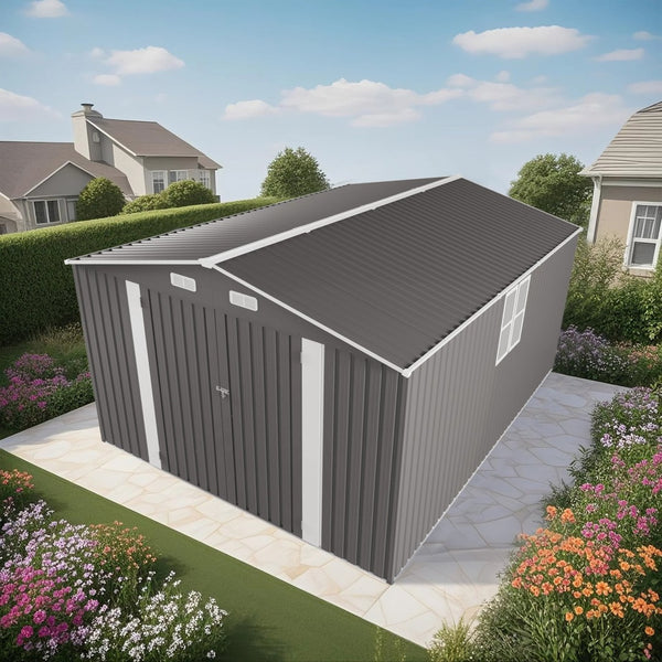English Elm 10x14 Ft Galvanized Steel Outdoor Storage Shed with Lockable Doors and Vented Window W3213S00004