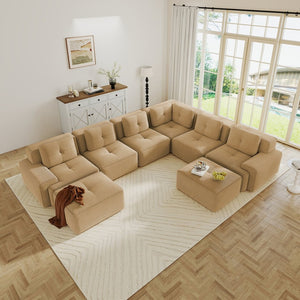 English Elm Modular Corduroy Sectional Sofa 6 Seat V Shaped Corner Couch with Ottomans Living Room Camel W714S01590