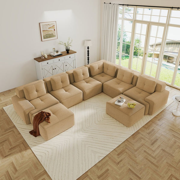 English Elm Modular Corduroy Sectional Sofa 6 Seat V Shaped Corner Couch with Ottomans Living Room Camel W714S01590