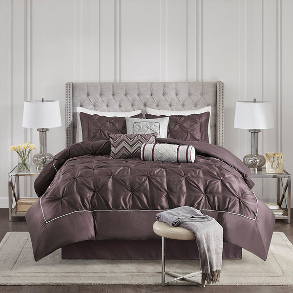 JLA Home Madison Park - 7 Tufted Comforter Set with Textured Pieced Design, Soft Durable Polyester, Easy-Care Elegance Plum MP10-659