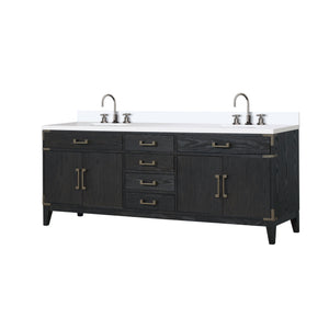 English Elm Black Oak Double Bath Vanity 84" With White Quartz Top, Chrome Faucet Set & Ample Storage Space B2731P260984