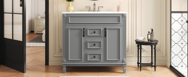 English Elm 36'' Modern Bathroom Vanity With Black Ceramic Top, Soft-Close Doors & Drawers For Stylish Storage N710P230231E