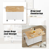 English Elm Kitchen Island With Drop Leaf Countertop, Rolling Kitchen Island Cart , Barn Door Kitchen Island Table With Storage Cabinet and Tower Rack, Island Table On Wheels For Kitchen, White