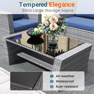 English Elm 4-piece Outdoor Wicker Conversation Set with Tempered Glass Table and Resort Style Blue+Brown B082S00057