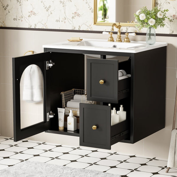 English Elm 24" Modern Wall-Mount Bathroom Vanity with Ceramic Sink, Glass Door Cabinet, 2 Drawers, Soft-Close Black N710P286704B