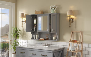 English Elm 35'' Modern Wall-Mounted Medicine Cabinet with Mirror, Hidden Storage and Open Shelves for Bath Gray N710P209443E