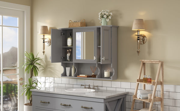 English Elm 35'' Modern Wall-Mounted Medicine Cabinet with Mirror, Hidden Storage and Open Shelves for Bath Gray N710P209443E