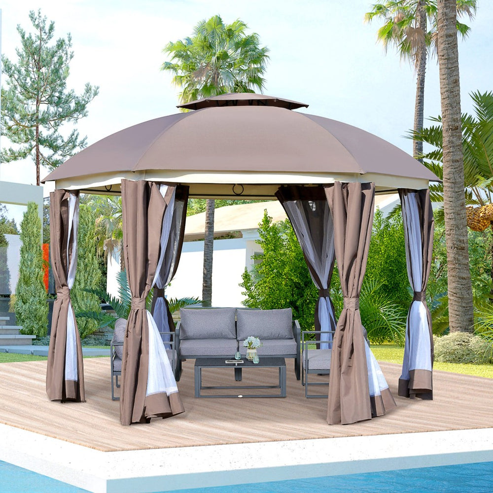 English Elm Outsunny 12' X 12' Round Gazebo With Double-Tier Roof, Mesh Netting, Curtains & Sturdy Steel Frame W2225P174254-GIGA