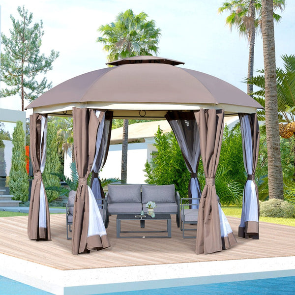 English Elm Outsunny 12' X 12' Round Gazebo With Double-Tier Roof, Mesh Netting, Curtains & Sturdy Steel Frame W2225P174254-GIGA