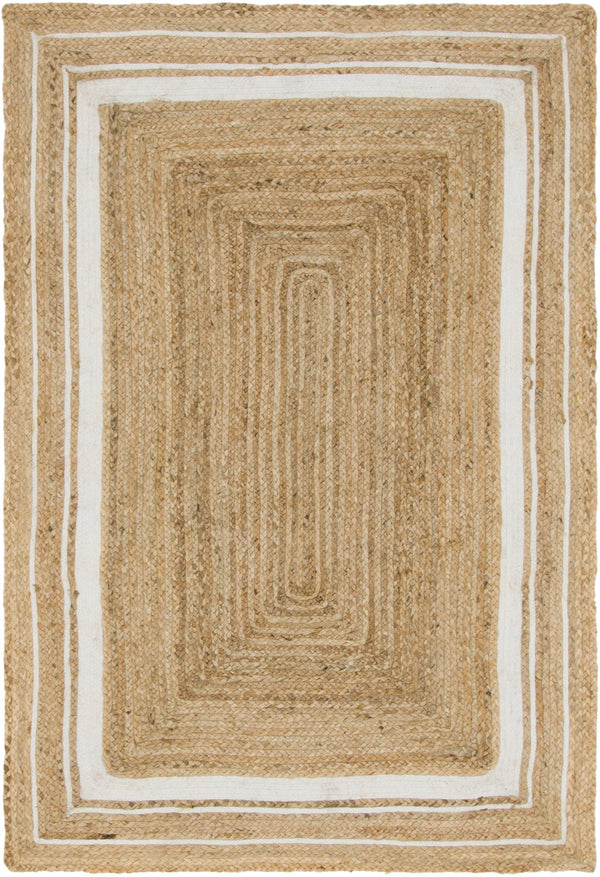 Unique Loom Braided Jute Gujarat Hand Woven Border Rug Natural and White, Ivory 4' 1" x 6' 1"