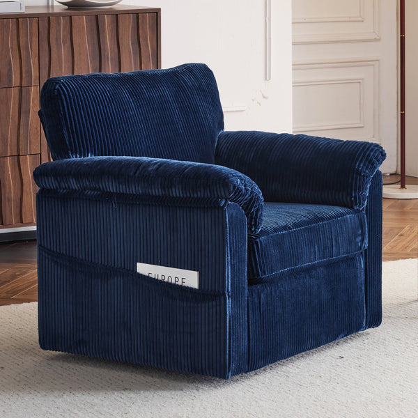 English Elm 33 Inch Oversized Swivel Corduroy Lounge Chair with Plush Chenille Cushioning and Support Springs Blue W1829P265013
