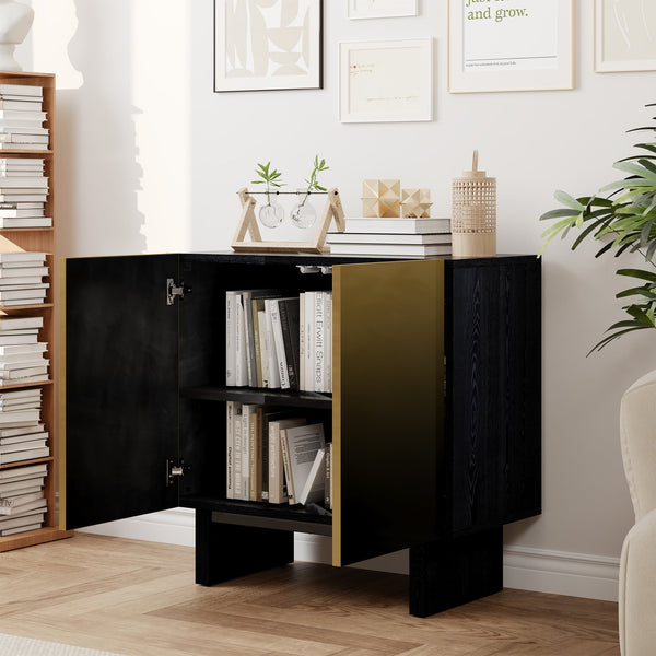 English Elm Modern Matte Black Accent Cabinet with Gold Wire Mesh Doors, Adjustable Shelves, Versatile Storage T3609P333087