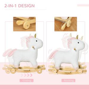 English Elm Qaba Plush Unicorn Rocker Ride on Toy with Wood Base Sound and Rolling Play W2225P229214