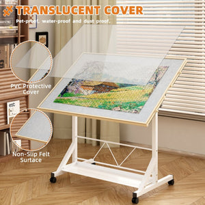 English Elm (white) Wooden Puzzle Table with Drawers Tilting Top Wheels and Protective Cover W2641P442535