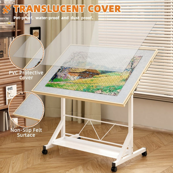 English Elm (white) Wooden Puzzle Table with Drawers Tilting Top Wheels and Protective Cover W2641P442535