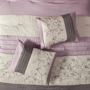 English Elm Embroidered 7-Piece Comforter Set In Soft Purple & Grey For California King - Luxurious Floral Design B03596943