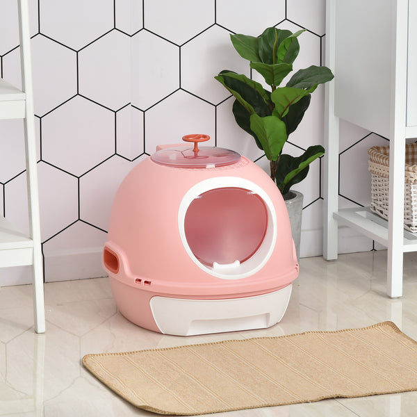 English Elm PawHut Space Capsule Covered Cat Litter Box with Removable Tray, Front Door Access & Odor Control Pink W2225P229457