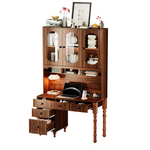 English Elm 47'' Retro Desk with Charging Ports, 5 Drawers & Glass-Door Hutch Cabinet for Home Office Walnut N733S357626D