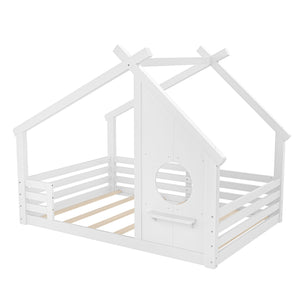 English Elm Full House Floor Bed with Roof Window and Shelf – Solid Pine Kids Loft-Style Low Bed, Durable Design White W1580P362693