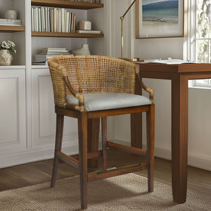 JLA Home Martha Stewart - Handcrafted Rattan & Wood Counter Stool with Curved Back, Upholstered Seat, Footrest, 25" H MT104-0169