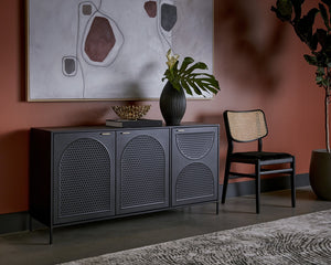 Sunpan Aziza Timeless Sideboard - Handcrafted Black Metal Frame with Brass Handles & Unique Arched Design