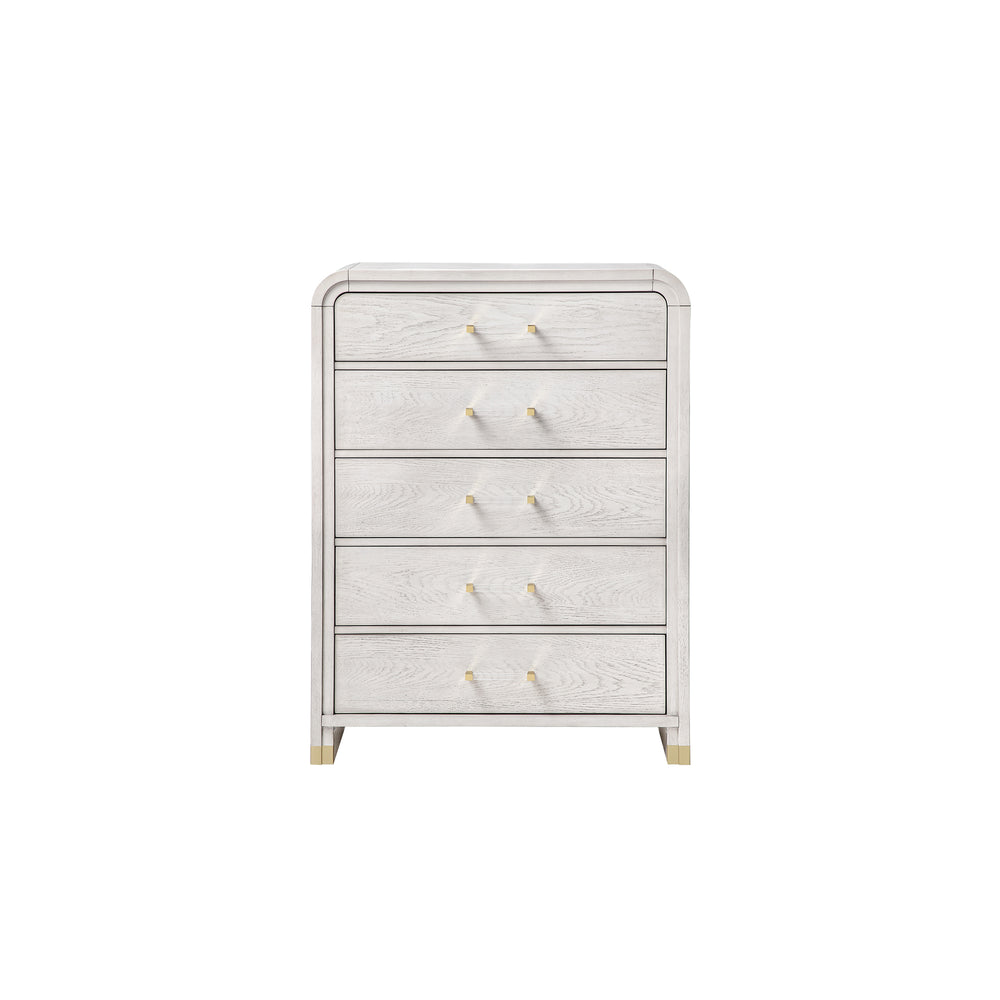 English Elm Malco Solid Wood Chest with Acrylic Bar Handles, Gold Detailing, Rounded Edges and Spacious Drawers Oak 42.25 L x 20.5 W x 56.25 H B201P391803