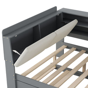 English Elm Wood Full Size platform bed with trundle, built-in storage headboard and shelves, sturdy pine frame Gray GX002055AAE