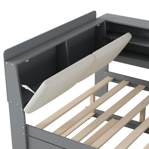 English Elm Wood Full Size platform bed with trundle, built-in storage headboard and shelves, sturdy pine frame Gray GX002055AAE