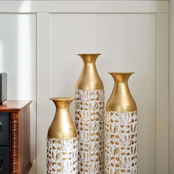 English Elm Mother's Gilded White 3D Relief Flower Metal Vase Set - Elegant Tall Cylinder Décor Trio, Gold Embossed Finish W2796P277632