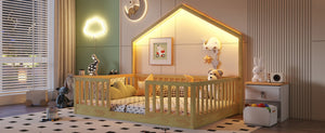 English Elm Twin Montessori Floor Bed House Frame with Led Lighting and Safety Rails for Kids Natural W2593P440609