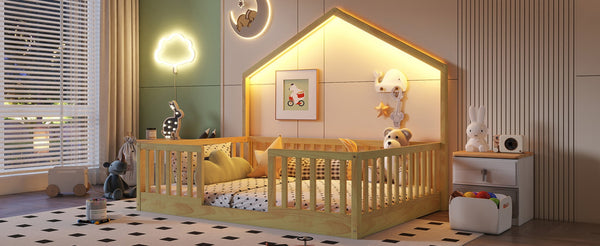 English Elm Twin Montessori Floor Bed House Frame with Led Lighting and Safety Rails for Kids Natural W2593P440609