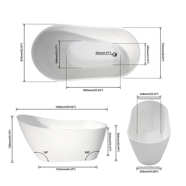 English Elm Premium Oval Acrylic Freestanding Soaking Tub High Back Glossy White Spa Style T3785P380651