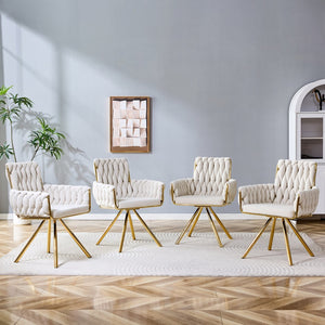 English Elm Set of 2 Velvet Upholstered Dining Chairs Braided Rope Back Glam Metal Legs Beige,Gold W3875P383929