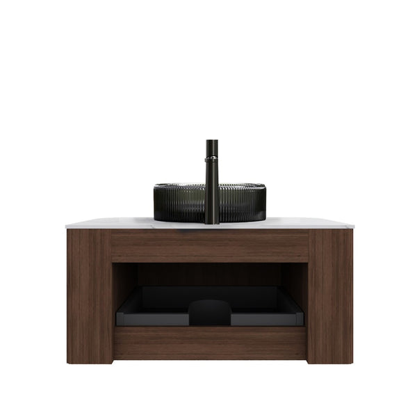 English Elm Muri Floating Bathroom Vanity Plywood Cabinet Sintered Stone Top Oak Drawer W2615S00241